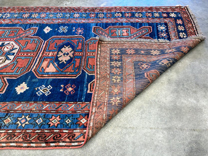 Collector Item - 4'1"x7'3" Antique Hand-Knotted 100% Wool Pile Russian Kazak Rug