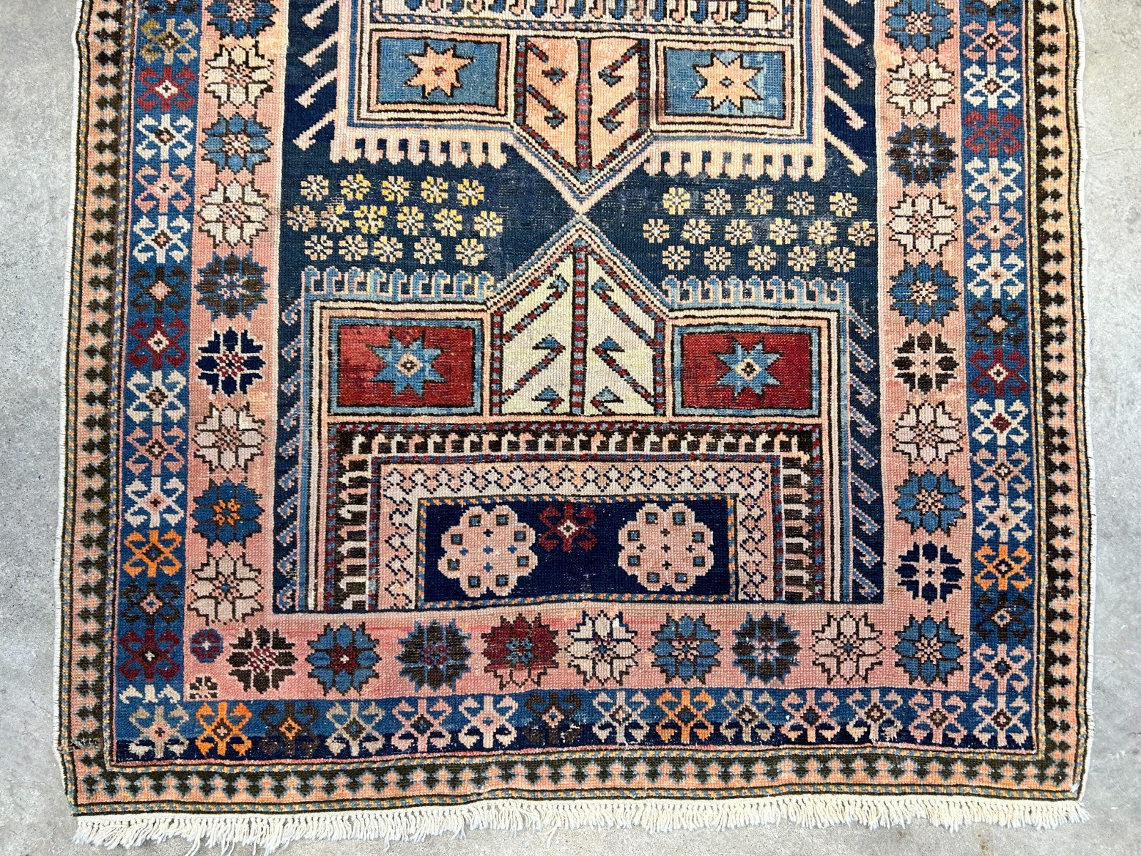 Collector Item - 3'4"x4'4" Antique Hand-Knotted 100% Wool Pile Russian Kazak Rug