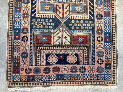 Collector Item - 3'4"x4'4" Antique Hand-Knotted 100% Wool Pile Russian Kazak Rug