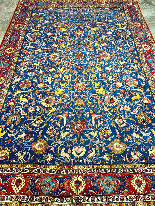 Collector Item - 10'6"x15'7" Antique Hand-Knotted Wool & Silk Varamine Area Rug