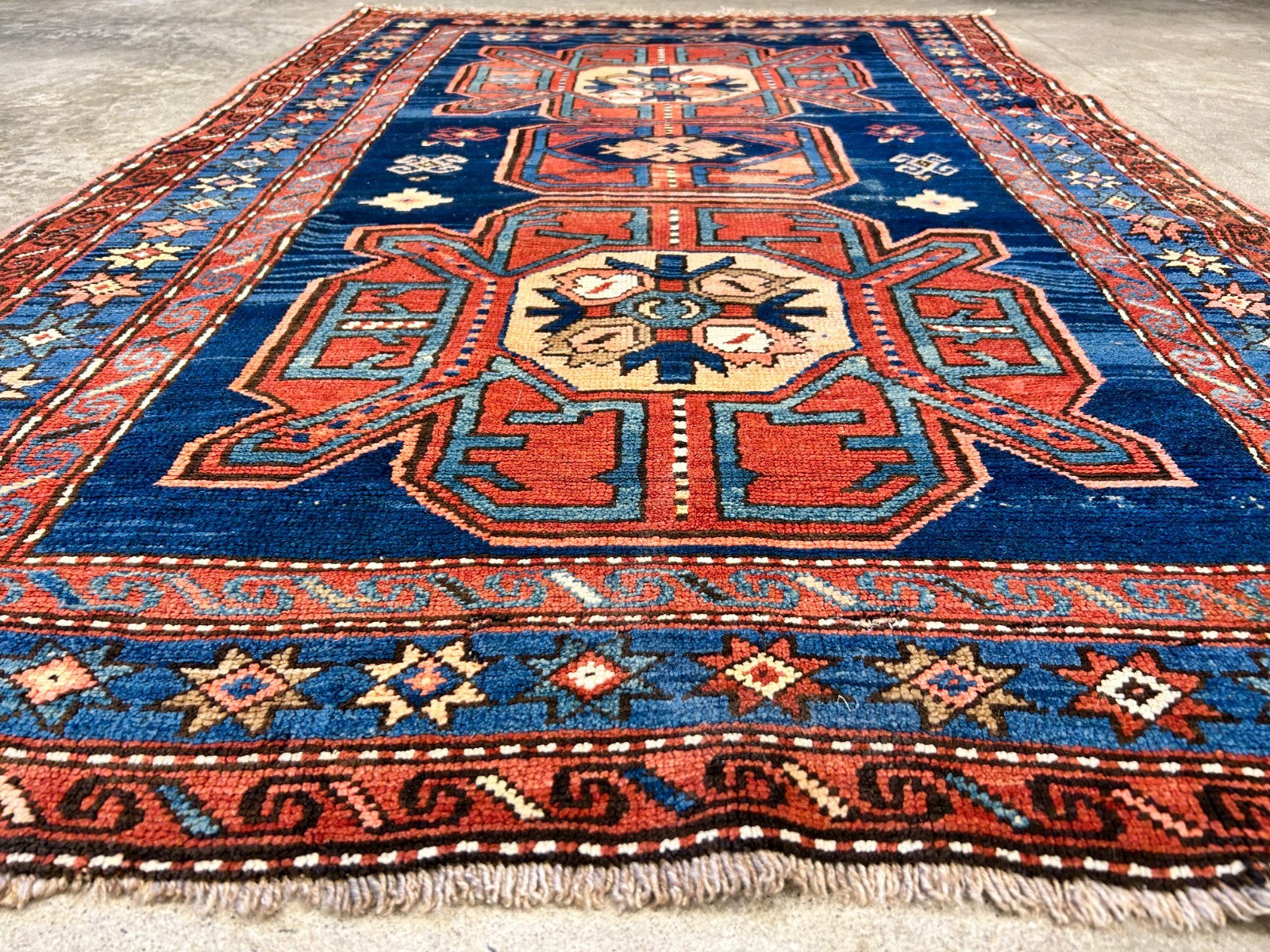 Collector Item - 4'1"x7'3" Antique Hand-Knotted 100% Wool Pile Russian Kazak Rug