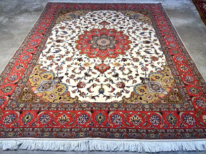 6'9"x8'1" Fine Hand-Knotted Wool & Silk Blend Tabrize Carpet - Area Rug