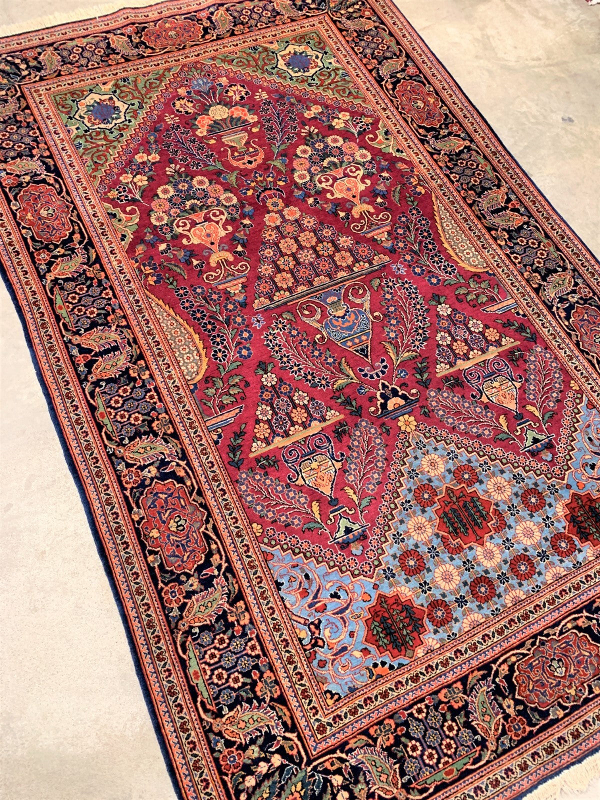 Collector Item  4'3"x6'10" Antique Pre-1900 Fine Lamb Wool Pile Kashane Rug