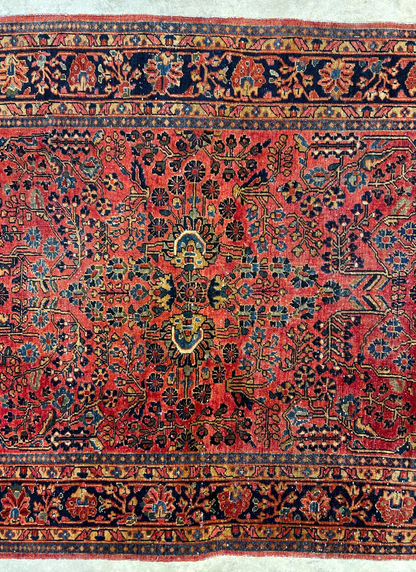 4'3"x6'9" Antique Hand-Knotted 100% Wool Pile Sarouke Area Rug - Carpet