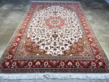 6'7"x10'1" Fine Hand-Knotted Wool & Silk Tabrize Rug - Area Carpet