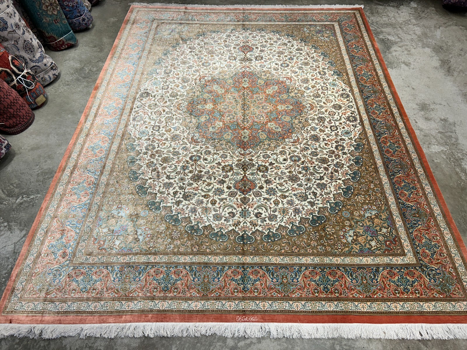9'10"x13' Exquisite Signed Hand-Knotted 100% Silk Qume Rug