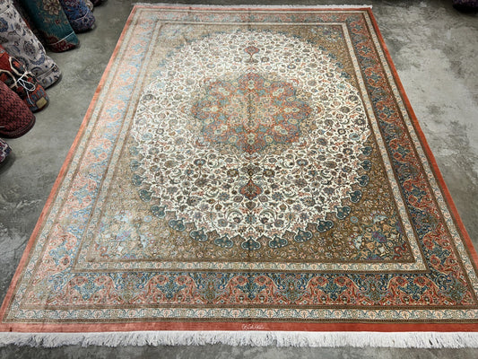 9'10"x13' Exquisite Signed Hand-Knotted 100% Silk Qume Rug