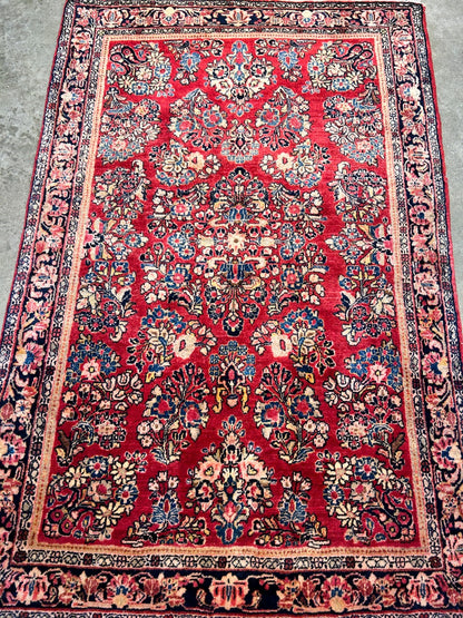 3'3"x4'11" Antique Hand-Knotted 100% Wool Pile Sarouke Rug