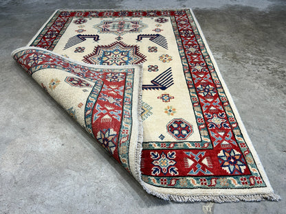 3'5"x4'9" Fine Hand-Knotted 100% Wool Pile Kazak Rug