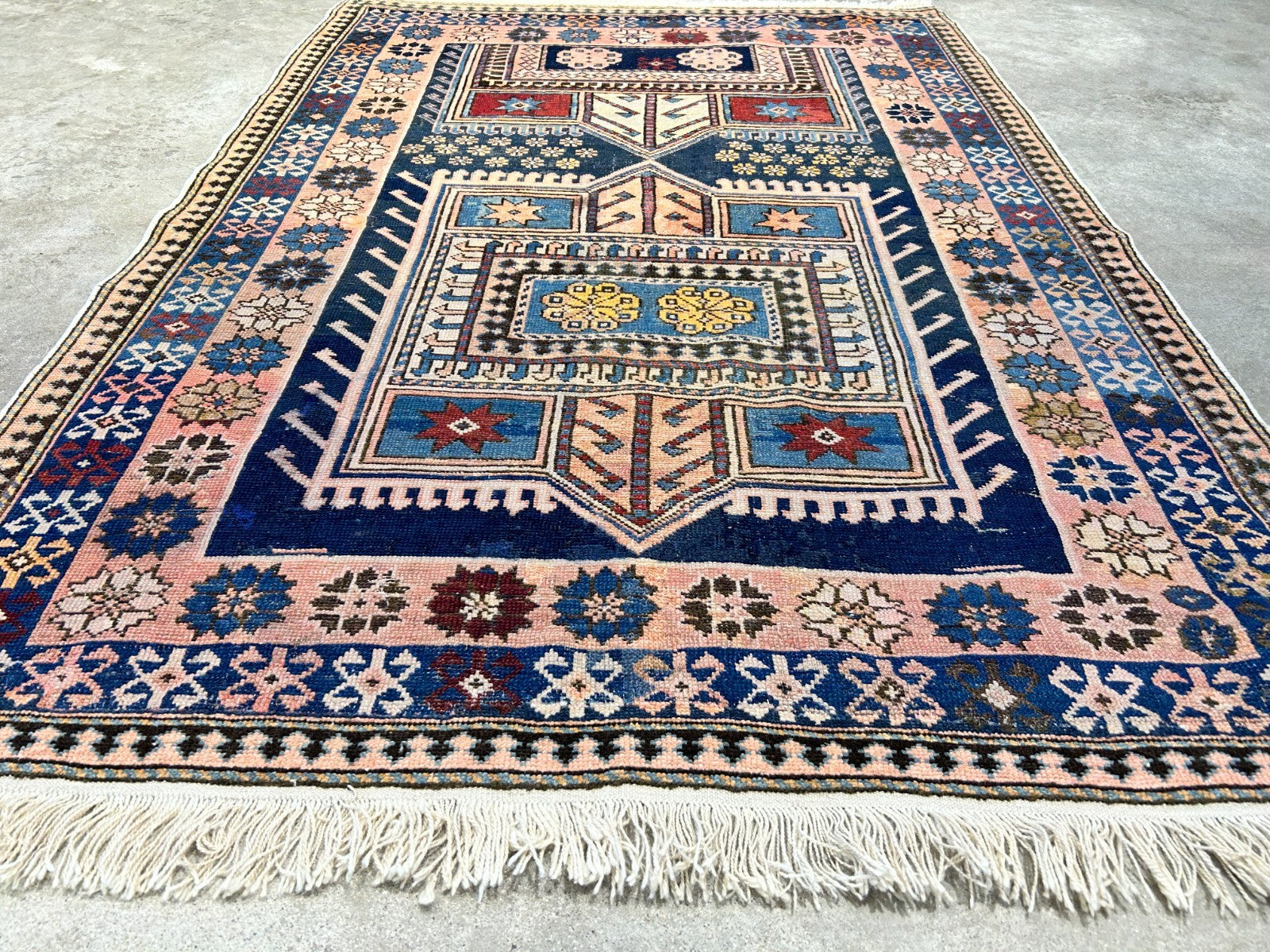 Collector Item - 3'4"x4'4" Antique Hand-Knotted 100% Wool Pile Russian Kazak Rug
