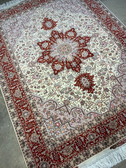 4'10"x6'8" Very Fine Hand-Knotted Wool & Silk Blend Tabrize Carpet - Area Rug