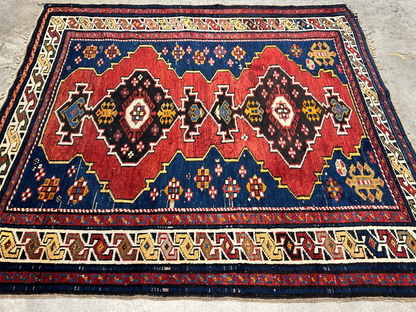 3'6"x4'1" Antique Hand-Knotted 100% Wool Pile Caucasian Rug