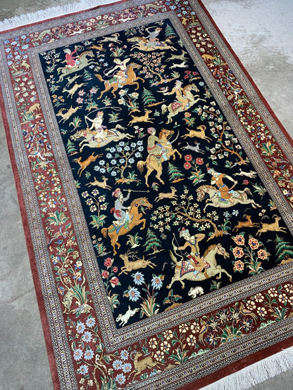 4'3"x6'8" Exquisite Extra-Fine Hand-Knotted 100% Silk Qume Area Rug - Carpet