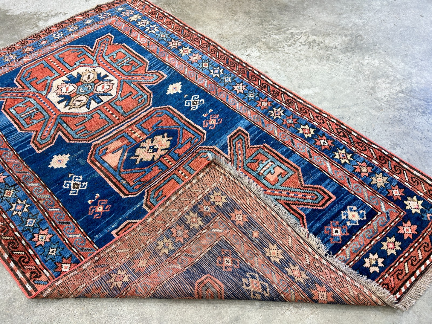Collector Item - 4'1"x7'3" Antique Hand-Knotted 100% Wool Pile Russian Kazak Rug