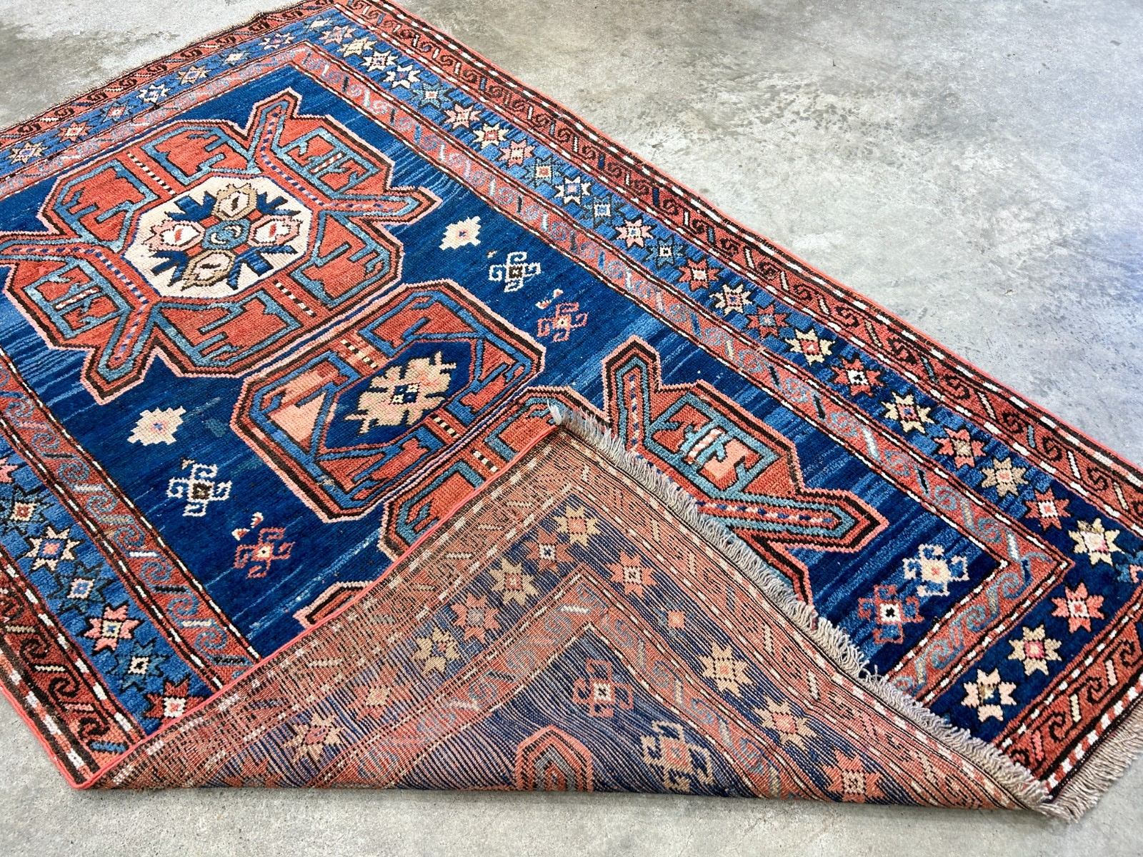 Collector Item - 4'1"x7'3" Antique Hand-Knotted 100% Wool Pile Russian Kazak Rug
