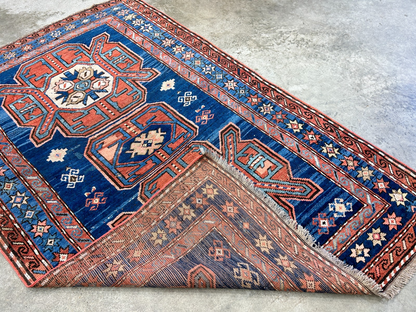 Collector Item - 4'1"x7'3" Antique Hand-Knotted 100% Wool Pile Russian Kazak Rug