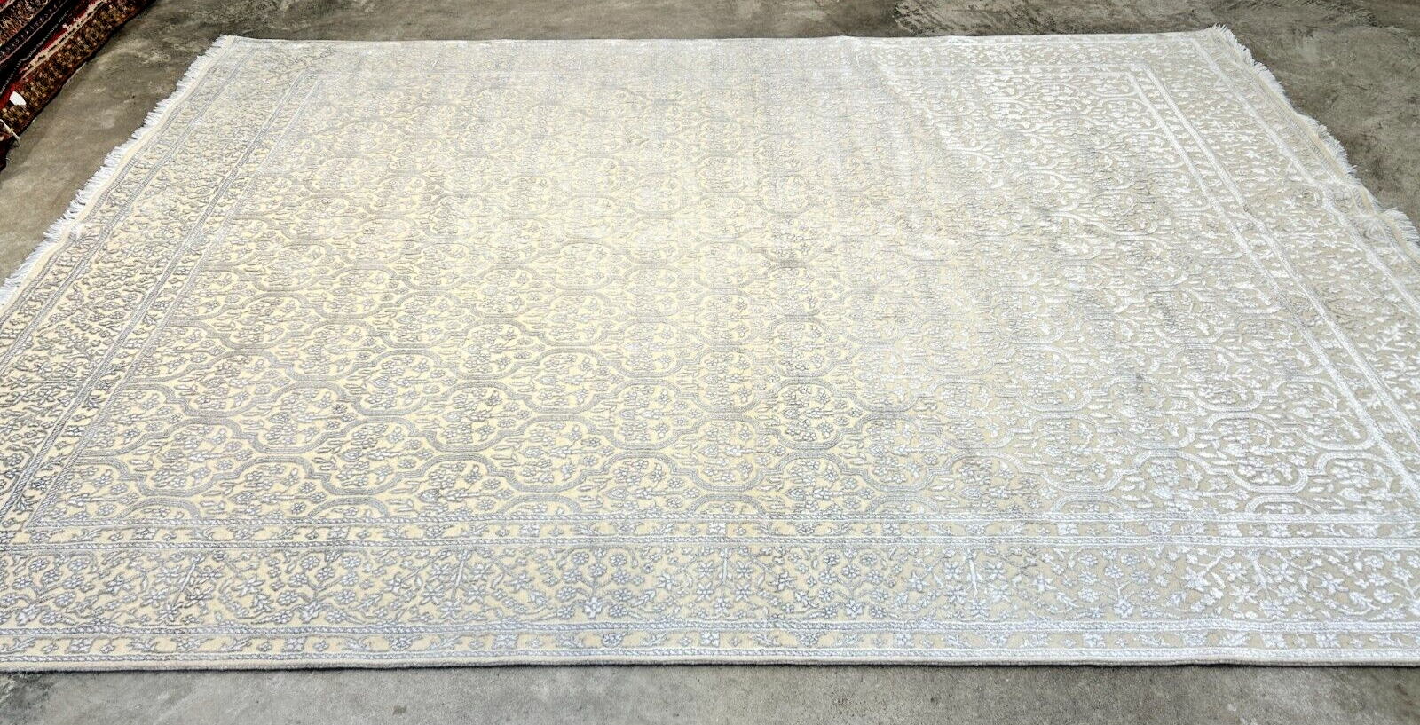 8' x 10'1" Hand-Knotted Silver 100% Wool Carpet - Indian All-Over Area Rug - 3D