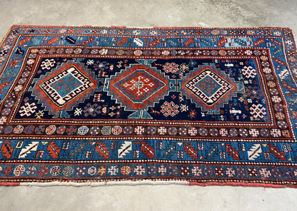 4'1"x7'2" Antique Hand-Knotted 100% Wool Pile Kazak Caucasian Area Rug - Carpet