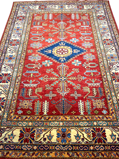 5'9"x8'2" Hand-Knotted 100% Wool Pile Super Kazak Carpet - Area Rug