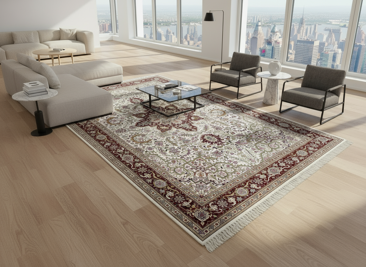 6'8"x10' Fine Hand-Knotted Wool & Silk Blend Tabrize Herize Carpet - Area Rug