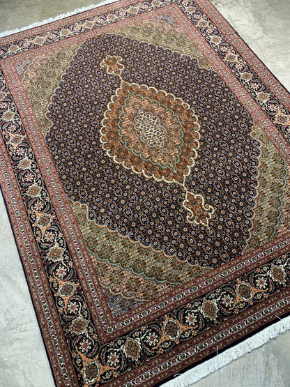 5'x6'7" Fine Hand-Knotted Wool & Silk Blend Tabrize Mahi Carpet - Area Rug
