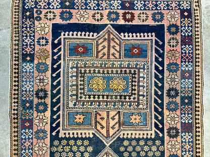 Collector Item - 3'4"x4'4" Antique Hand-Knotted 100% Wool Pile Russian Kazak Rug