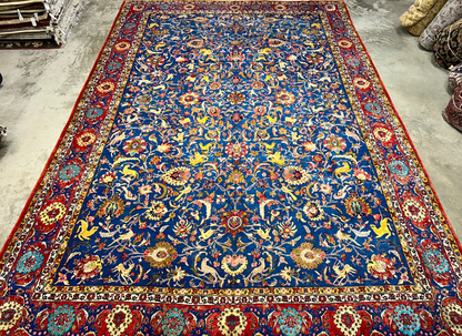Collector Item - 10'6"x15'7" Antique Hand-Knotted Wool & Silk Varamine Area Rug