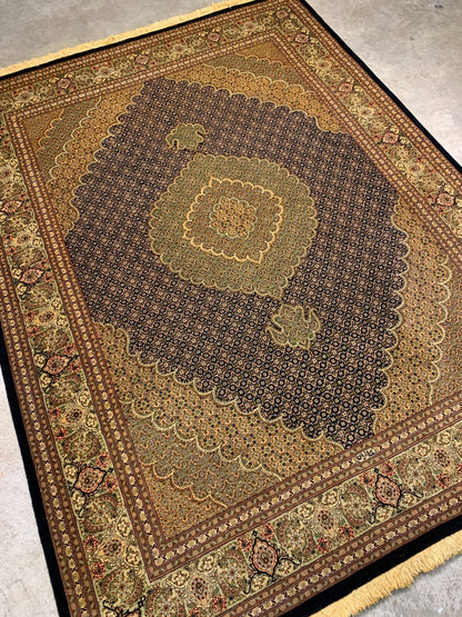 4'1"x6'6" Very Fine Hand-Knotted Wool & Silk Blend Tabrize Mahi Carpet -  Rug