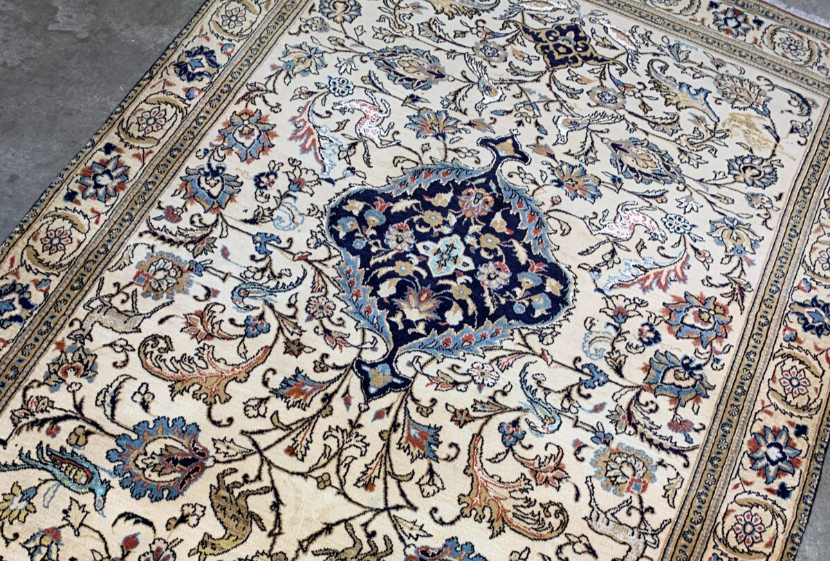 Collector Item -  4'4"x6'7" Antique Hand-Knotted Fine Wool Kashane Rug