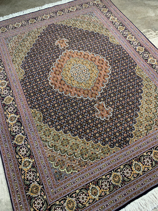 5'x6'5" Fine Hand-Knotted Wool & Silk Blend Tabrize Mahi Carpet - Area Rug