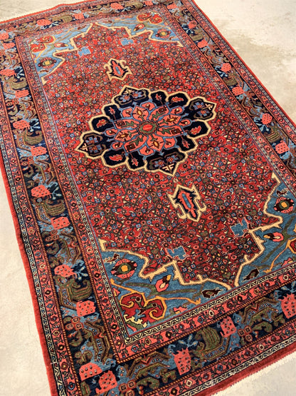 4'3"x6'7" Antique Hand-knotted Fine Wool Pile Bidjare Rug - Carpet