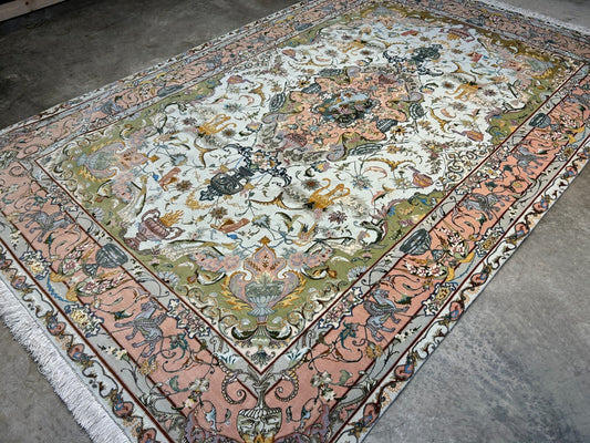 6'8"x10' Very-Fine Hand-Knotted Wool & Silk Blend Tabrize Carpet - Area Rug