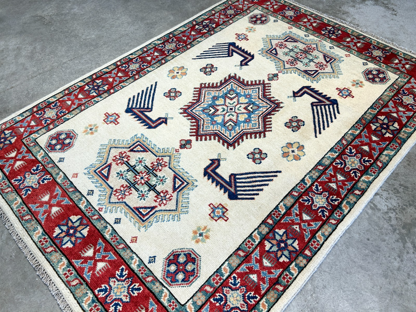 3'5"x4'9" Fine Hand-Knotted 100% Wool Pile Kazak Rug