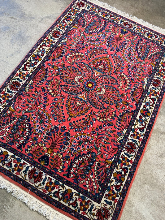 3'6"x5'2'' Hand-Knotted 100% Wool Pile Sarouke Area Rug