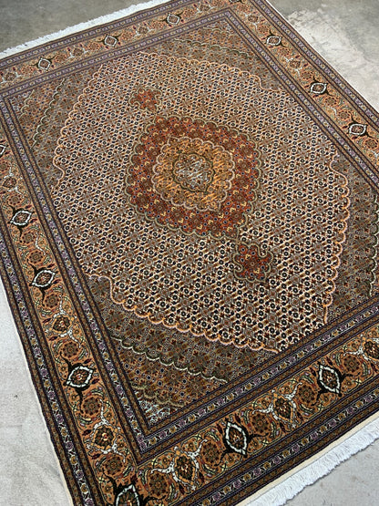 5'x6'4" Fine Hand-Knotted Wool & Silk Blend Tabrize Mahi Carpet - Area Rug