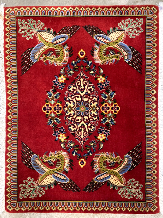 1'6"x2'0" Fine Hand-Knotted 100% Wool Pile Tabrize Pictorial Rug