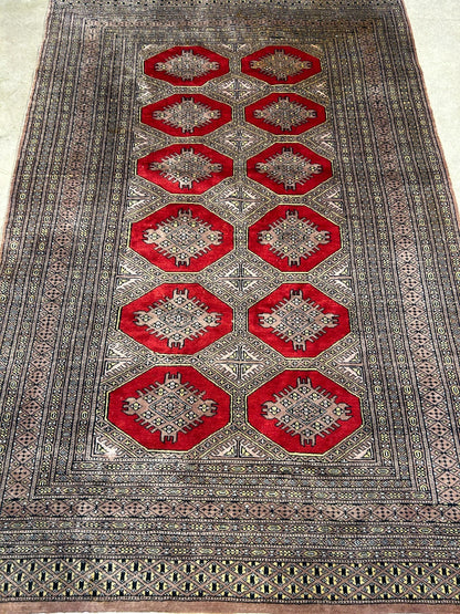 4'2"x6'4" Hand-Knotted 100% Wool Pile Bokhara Area Rug - Carpet