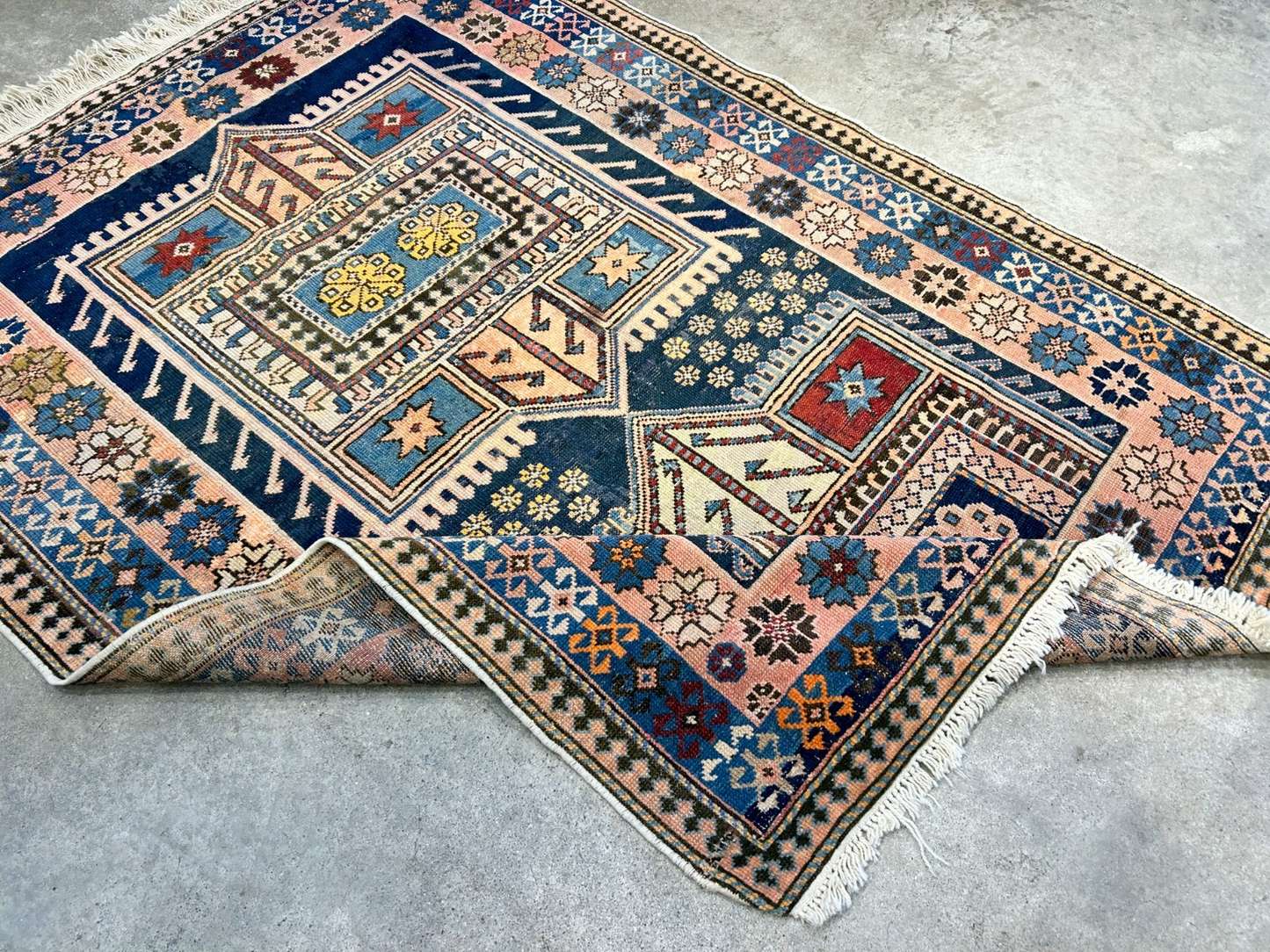 Collector Item - 3'4"x4'4" Antique Hand-Knotted 100% Wool Pile Russian Kazak Rug