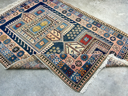 Collector Item - 3'4"x4'4" Antique Hand-Knotted 100% Wool Pile Russian Kazak Rug