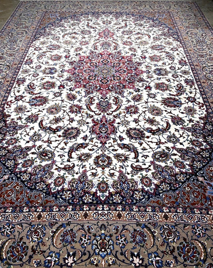  8'6"x12'1'' Very Fine Silk & Wool Isfahane Area Rug - Area Carpet