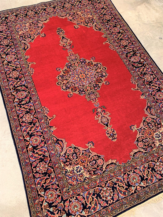 Collector Item - 4'6"x6'10" Hand Knotted Antique Fine Wool Pile Kashane Rug