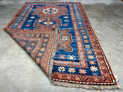 Collector Item - 4'1"x7'3" Antique Hand-Knotted 100% Wool Pile Russian Kazak Rug