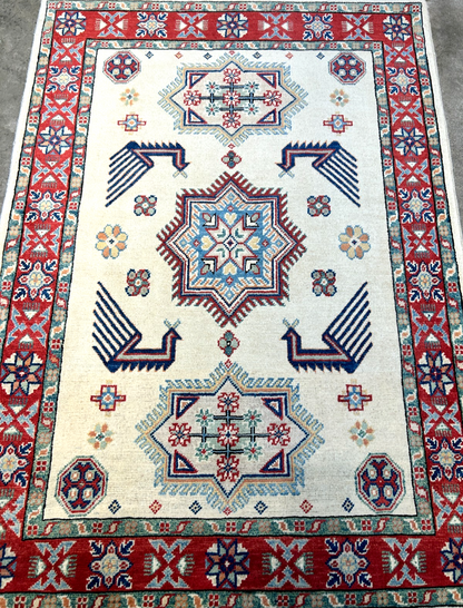 3'5"x4'9" Fine Hand-Knotted 100% Wool Pile Kazak Rug