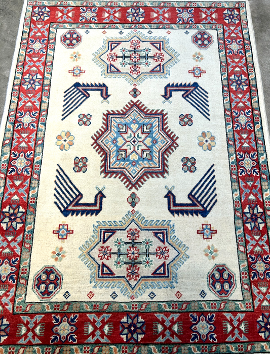 3'5"x4'9" Fine Hand-Knotted 100% Wool Pile Kazak Rug