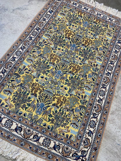 3'7"x5'6'' Very Fine Hand-Knotted Silk & Wool Tree of Life Naine Area Rug - Carp