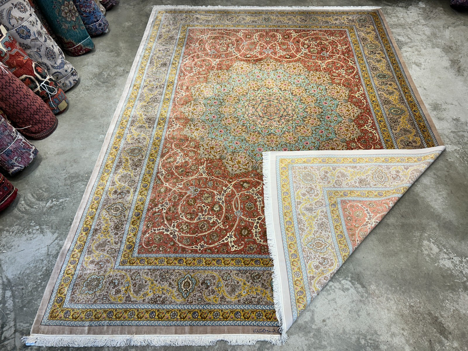 9'9"x13'4" Exquisite Signed Hand-Knotted 100% Silk Qume Rug