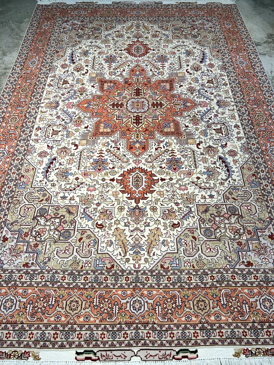 6'7"x9'10" Fine Hand-Knotted Wool & Silk Blend Tabrize Herize Carpet - Area Rug
