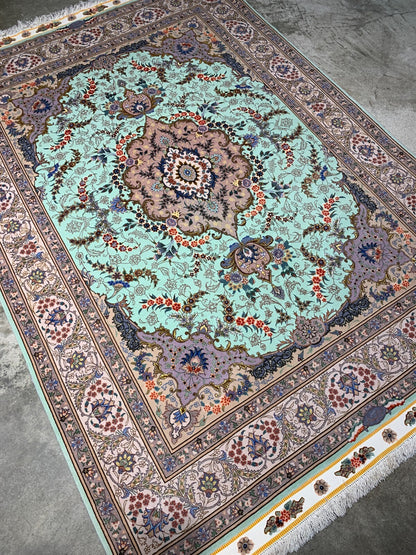 4'10"x7' Extremely Fine Hand-Knotted Wool & Silk Blend Tabrize Carpet - Area Rug