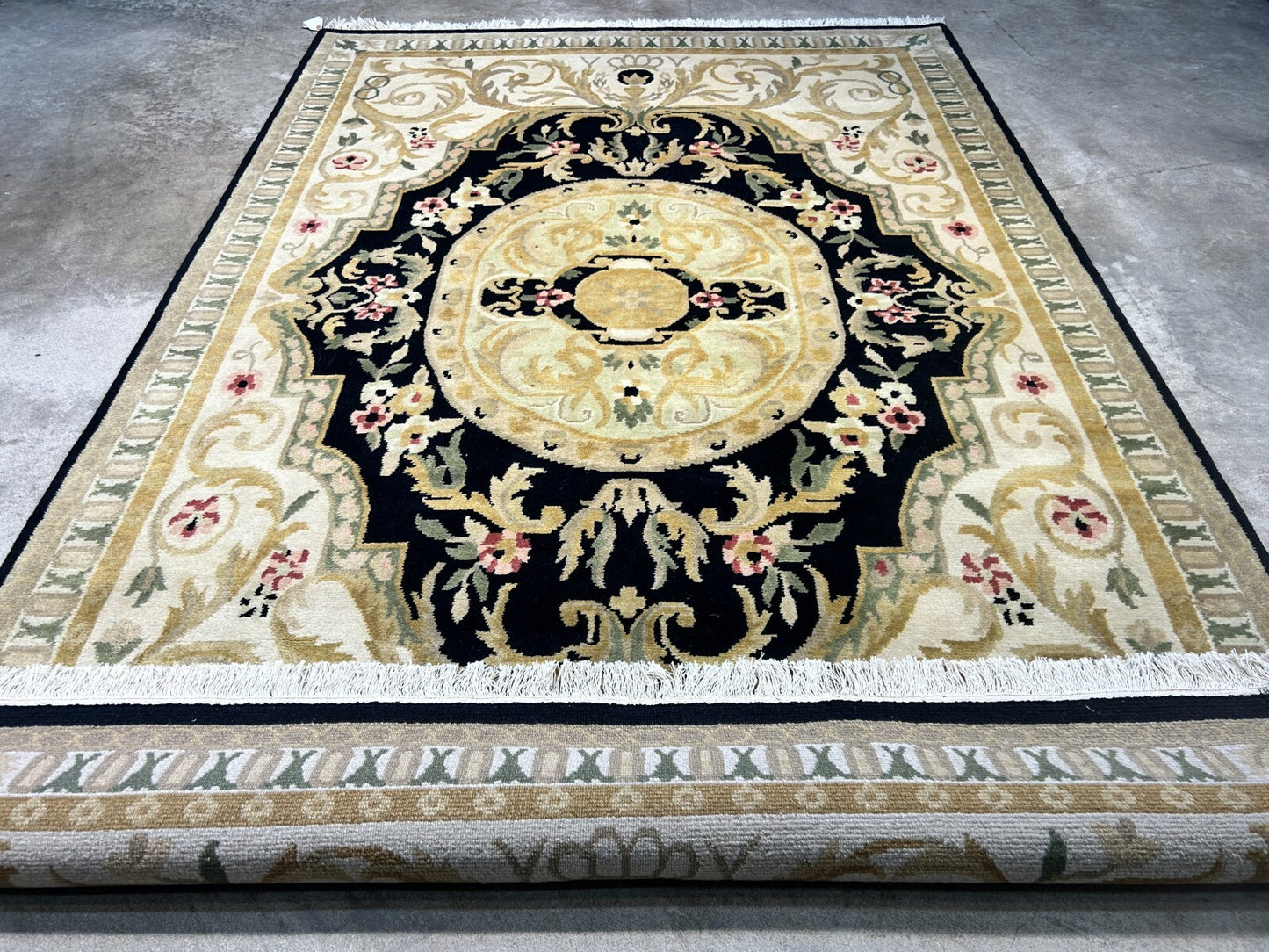 6'1"x9'2" Hand-Knotted 100% Wool Pile Aubusson Carpet - Area Rug