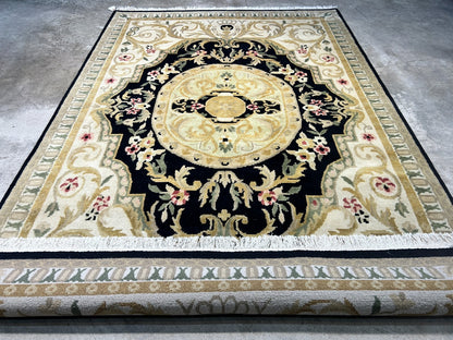 6'1"x9'2" Hand-Knotted 100% Wool Pile Aubusson Carpet - Area Rug